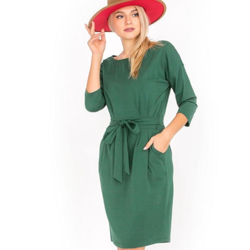 Belted Cotton Dress Hunter Green